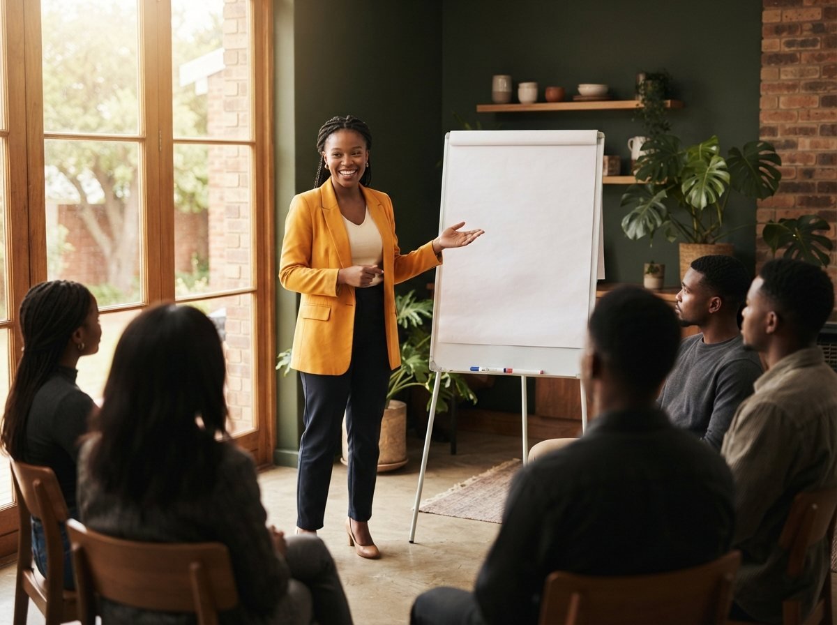 A founder pitching her venture to a small group